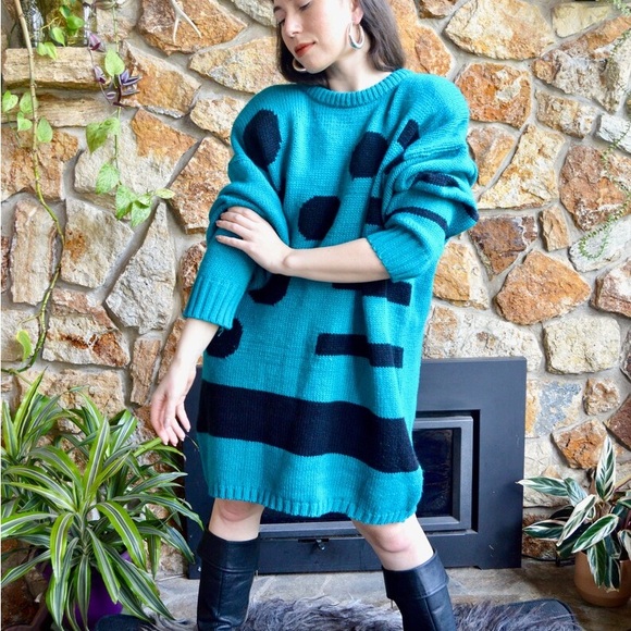 Vintage 80's Turquoise Green Abstract Pop Art Short Oversized Sweater Dress - Picture 3 of 6
